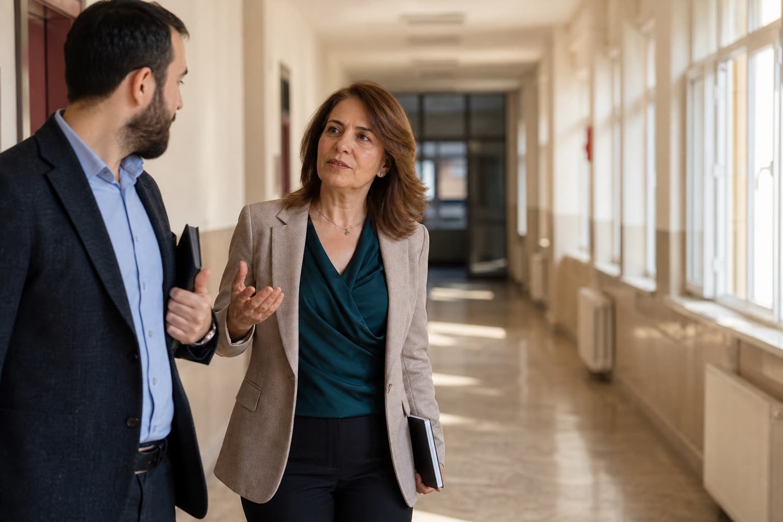 Two school leaders in conversation in a school corridor